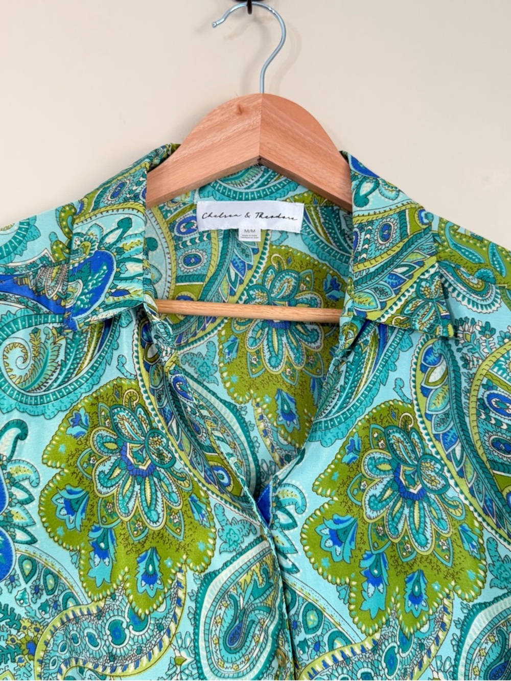 Chelsea & Theodore Green Paisley Tie-Front Blouse - Picture 3 of 14